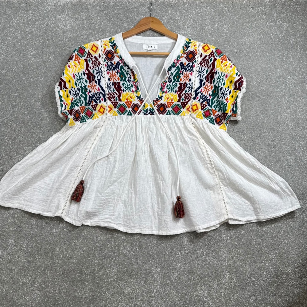 THML Oaxacan Embroidered Cotton Gauze Babydoll Blouse Large Peasant Tribal Boho - Picture 3 of 13